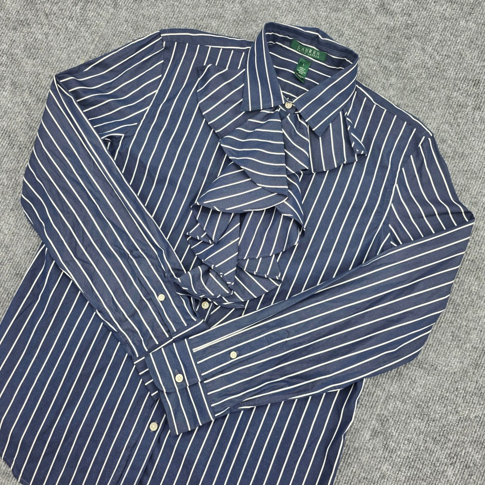 Lauren Ralph Lauren Navy White Striped Ruffle Jabot Button Up Shirt Womens L